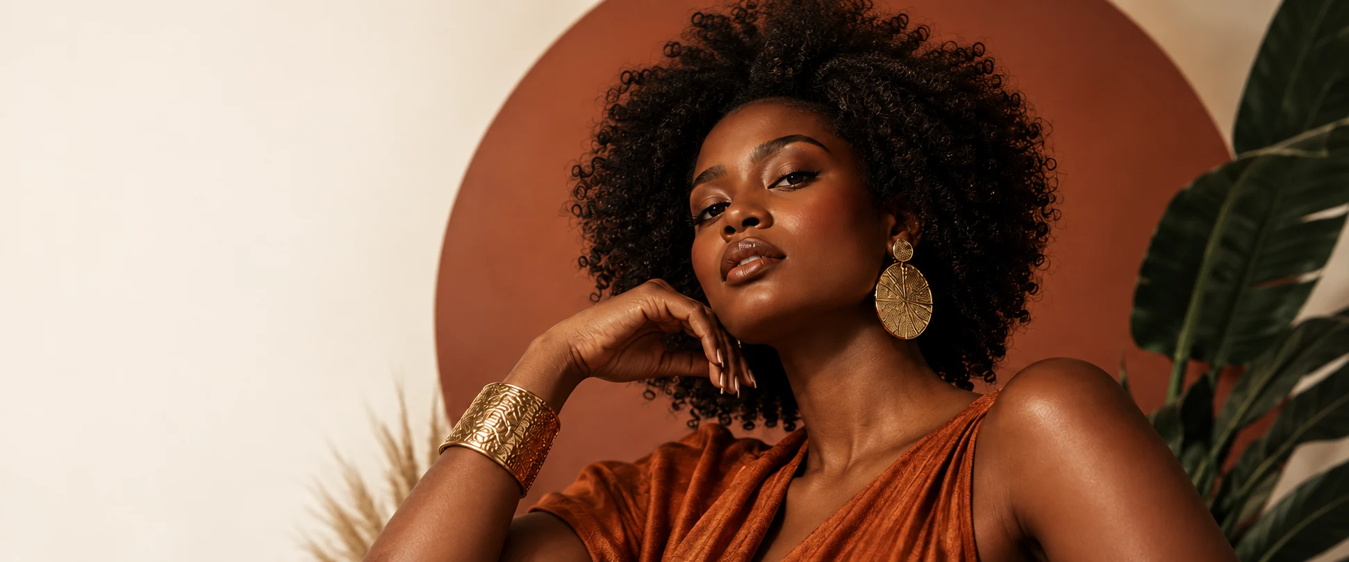 Mulher negra com cachos, brincos dourados e roupa em terracota em editorial Erineth Style