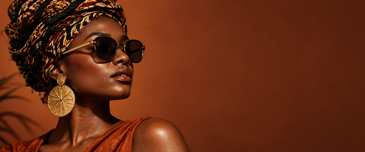 Mulher negra com turbante, óculos escuros e acessórios dourados